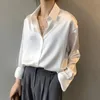 Kvinnors blusar skjortor koreanska eleganta formella klassiska kvinnor långärmad vit imitation silk ol slät satin lapel vårskjortor