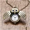 Pocket Watches Cute Sier/Bronze Vintage Night Owl Design Pocket Watches Halsband Pendant Quartz Analog titta för män Kvinnor Kids Drop D Dhxgf