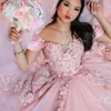 Rose chérie princesse quinceanera robes pêche à l'épaule 3d Perles de cristal floral