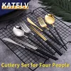 Ensembles de vaisselle 1216 pièces or noir couverts baguettes couteau fourchette cuillère doré acier inoxydable coréen luxe vaisselle 230414