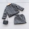 Clothing Sets Spring Autumn Houndstooth Plaid Girls' Coat Suit Cute Kawaii Two-piece Half-length Skirt Button Pocket Children's Sets Costumes J1020