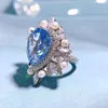 Pierścienie klastrowe Fine Jewelry925 Sterling Srebrna niebieska gruszka Cuted Cubic Zirconia CZ Moda rocznicowy pierścionek dla kobiet