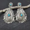 Boucles d'Oreilles Pendantes Ethnique Ronde Incrusté de Pierre Bleue Goutte Vintage Couleur Argent Antique Gouttelette d'Eau Motifs Sculptés à la Main