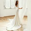 Mermaid Wedding Ivory Simple Dresses Deep V Neck Sequins Long Sleeves Boho Garden Bridal Gowns Sexy Backless Sweep Train Bride Reception Dress Robes De Mariee