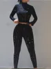 Damen Zweiteiler Kliou Biker Style Zweiteiler Damen Herbst Aushöhlen Langarm Rollkragen TopSolid Mantel Stretchy Taille Damenhose 230414