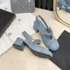 Zomer 7 Cm Hoge Hakken Dame Vrouwen Bling Muilezels Slingback Sier Pompen Vrouwelijke Denim Sandalen Bruids Kwaliteit Schoenen 23041 44