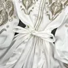 Robes décontractées printemps été femmes broderie à lacets soie soirée mode élégant 3/4 manches bureau dame Midi robe blanche