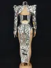 Silver Laser Sequins Backless Slit Dress Club Women Dancer Singer Performance Reflective Mirror Costume Nightclub Bar Sexy Party Stage Wear