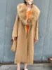 FURE FURE FUAX FUA RR1534 CAMEL Odłączony Big Flear Futro Kołnierz Wool Blends Coats Womens X Long Loose Wino Wool Tacets Pas związany na talii 231115