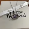 24SS Designer Viviennewestwood Empress Dowager of the West 3d Saturn Purple Ball Necklace Women's Classic Ufo Planet Full Diamond Clavicle Chain High Edition