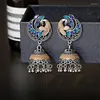 Brincos de pavilhões de pavão azul de pavão étnico Bijoux vintage vintage Bollywood Silver Color Bell Tassel Tribe Jewelry