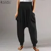 Calças femininas Capris Fashion Long Wonens Vintage Linen Ladies Summer Troushers Elegant: Elastic Waist Pantalon Palazzo Pocket Pocket