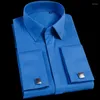 Men's Dress Shirts Men's French Cuff Shirt Covered Button Long Sleeve Men Business Formal Royal Blue Wedding Party Cufflinks Tuxedo