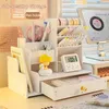 Storage Holders Racks Mark Pen Pencil Holder Wooden Desk Organizers Shelves Accessories Desktop Stationery Organizer Bookshelf Home Office Box 231114