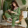 Womens Sleepwear Lisacmvpnel Ice Silk Pajamas Spring and Autumn Fashion Flowers Pajama مجموعة طويلة الأكمام بدلة بيخاماس 230414