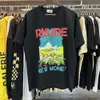 Designermode Kleidung T-Shirt Luxus Herren Casual T-Shirts Trendmarke Rhude Windowsil Castle Kokosnussbaum Fensterbank Landschaft Doppelgarn reine Baumwolle Kurzarm