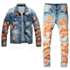 Camisolas masculinas contraste cor design homens 2 peças conjuntos primavera estrela remendo denim jaqueta combinando estiramento magro jeans moda magro ropa hombre 231114
