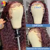 Fantastisk Bourgogne Deep Wave Spets Front Wig In 99J Red Color - 100% Human Hair, 180% Density, HD Transparent spets, 13x4 Long Curly Frontal Wig