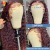 Impressionante peruca dianteira de renda de ondas profundas cor de vinho na cor vermelha 99J - cabelo 100% humano, densidade de 180%, renda transparente HD, peruca frontal encaracolada longa 13x4