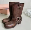 Designer Luxury Cowboy Boots For Womens Tall Boots Shoes Style Brown Leather Biker Boots Round Toe Chunky Heel Martin Boots Belt Buckle Trim