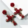 Stud Long Cross Studs Earrings Women Retro Baroque Rose Flower Crystal Rhinestone Dangles Black Red White Color Fashion Design Acrylic Dhygj