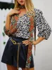 بلوزات نسائية سيلميا أزياء الأزياء ربطة عنق المكتب سيدة Leopard Print Tops Tops Women Patchwork Tic Chics 2023 Summer 3/4 Puff Sleeve