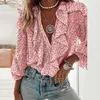 Blusas de mujer Camisas Hirigin Elegante Estampado floral Volantes Blusa de mujer Camisa Vintage con cuello en V Tops Office Lady Summer Sexy Manga larga Chif