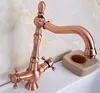 Kökskranar antika röda koppar mässing Dual Cross Handtag Badrum Basin Sink Faucet Mixer Tap Swivel Spout Deck monterad MNF617