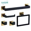 Conjunto acessório de banho preto ouro banheiro hardware montagem na parede de aço inoxidável barra de toalha anel suporte de papel robe gancho acessórios 231115