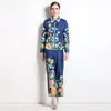 Tvåverk set kvinnodesigner Floral Party Blue Pant Set 2023 Spring Autumn Long Sleeve Lapel Button Print Shirt and Wide Leg Pants Semester Suits Office Lady Outfit