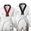 Skyddsutrustning vit taekwondo uniform för tävling daglig träning wtf karate judo dobok kläder barn vuxna unisex kampsport gi 231115