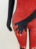 Strass rouge mains noires imprimé combinaison avec gants sans manches élastique serré Sexy Performance danse Costume chanteur spectacle scène porter fête anniversaire barboteuses