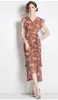 Vestidos casuais Runway Autumn Floral Chiffon Mermaid Dress New Fashion Women V Neck Flower Priffles Lace Up Bodycon Party Long Vestido 2023