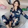 Kobiety Sleep Lounge Satin Satin Satin Pajamas Zestaw Flower Print Firt Solenia Suit Autumn Long Rleeves Pijama V-Neck Lady Film Ostra ubrania Loungewear XXXL ZLN231115