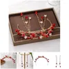 Necklace Earrings Set Red Bridal Headband Handmade Toast Dress Headwear NA