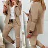 Robes de travail 2 Pièces/ensemble Femmes Manteau Pantalon Ensemble Affaires Couleur Unie Cordon Taille Élastique Revers Slim Fit Blazer Pantalon Costume