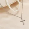 Pendant Necklaces Japanese And Korean Style Double-layer Rhinestone Pearl Cross Daily Simple Atmosphere Necklace