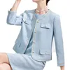 Kvinnors kostymer blazrar 2023 Korea Elegant 2 -stycken Set Women Spring Solid Tweed Long Sleeve Jacket Retro Fashion Sleeveless A Line Dress Suit 231114