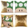 枕ケースグリーン1UPマッシュルームスパンコール枕カバーのグリッターソファ装飾パーティースーパービデオゲームガミン
