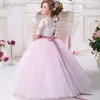 Meisjesjurken roze kanten Appliqued Tiered Flower Dress Vintage Tule Birthday Pry Pageant Toge Korte mouwen Formele bruiloft