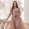 2024 Lusso Arabo Rosa Musulmano Prom Pageant Dress Maniche lunghe Collo alto Perline Paillettes Abiti da sera formali per compleanno Robe De Soiree Vestidos De Fieast