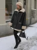 Cappotto da donna in pelle sintetica moda calda pelliccia invernale da donna manica lunga chic in velluto con risvolto cappotti da strada femminile giacca da bici da donna nera 231115
