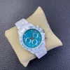 Relógio de luxo de cerâmica todo branco modificado 4130 Movimento mecânico Cerâmica 40mm 72 horas Energia cinética armazenamento DIM Blue Dial