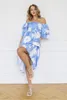 Casual jurken Backless Sexy Long Beach -jurk vrouwen wit blauw bloemen boho chiffon jurk zomer feest korte mouw maxi jurken voor vrouwen 230414