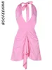 Casual Dresses BOOFEENAA Y2k Pink Backless Drop Waist Dress Asymmetrical Ruched Deep V Halter Mini Women Sexy Club Outfits C82CC22 230414