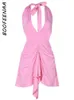 Casual Dresses Boofeenaa Y2K Pink Backless Drop Midjeklänning Asymmetrisk Ruched Deep V Halter Mini Women Sexy Club Outfits C82CC22 230414