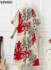 Casual Dresses 2023 Vonda Summer Bohemian Women Maxi Vintage Long Dress Fashion 3/4 Sleeve Pleated Printed Holiday Party Robe