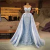 Light Sky Blue Mermaid Evening Dresses With Detachable Train Arabic Aso Ebi Sheer Neck Lace Appliques Women Formal Prom Party Gowns Plus Size Vestidos De Novia AL9778