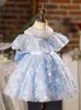 Robes de fille fleurie bleue pour les fleurs de mariage collier perles en dente