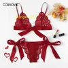 COLROVIE Vermelho Natal Scalloped Trim Tie Side Sexy Lingerie Set 2019 Fita Sem Fio Intimates Transparente Underwear Bra Set Y200708